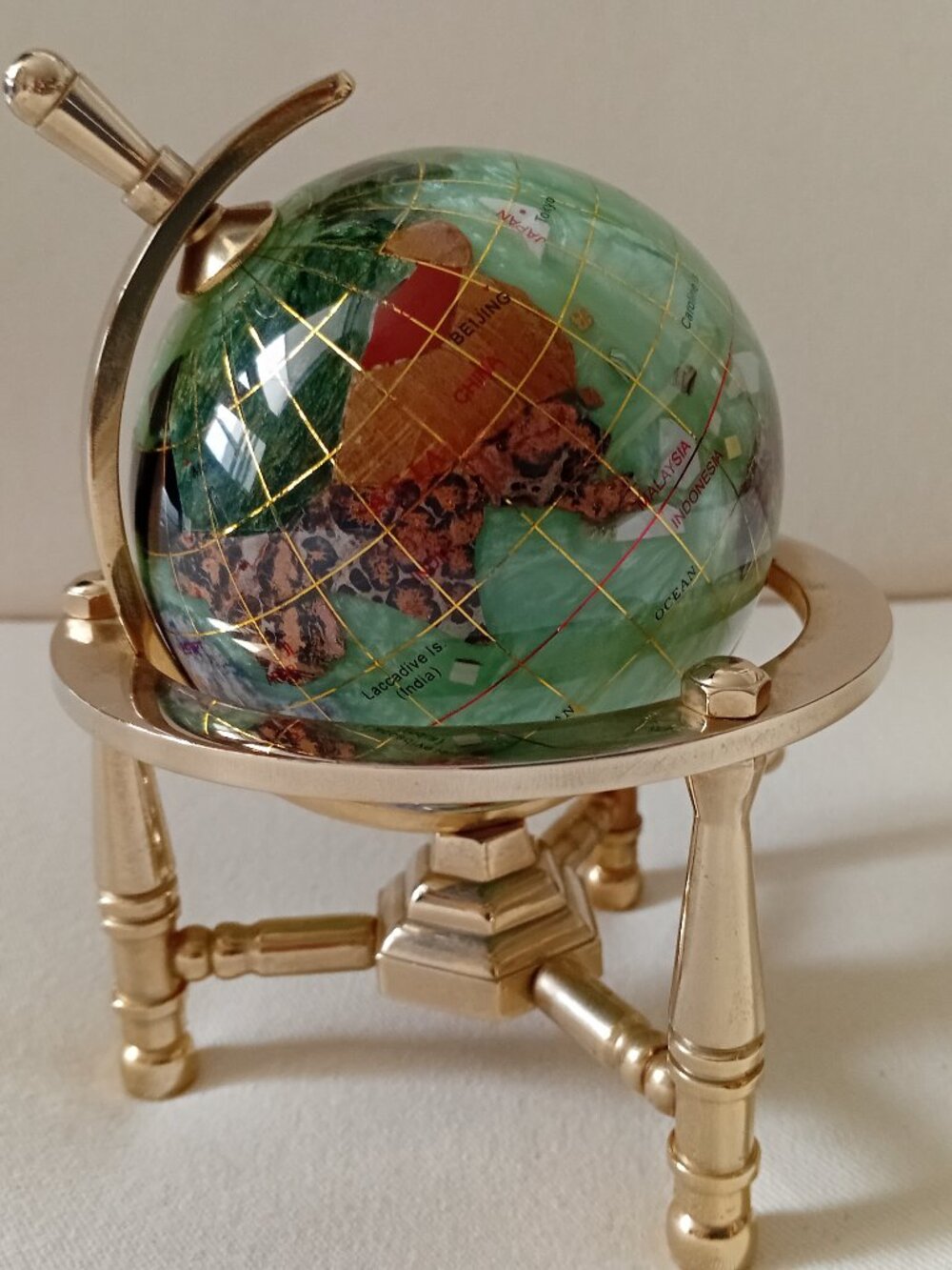 Gemstone & Mother Of Pearl World Globe On A Solid Brass Tripod Stand